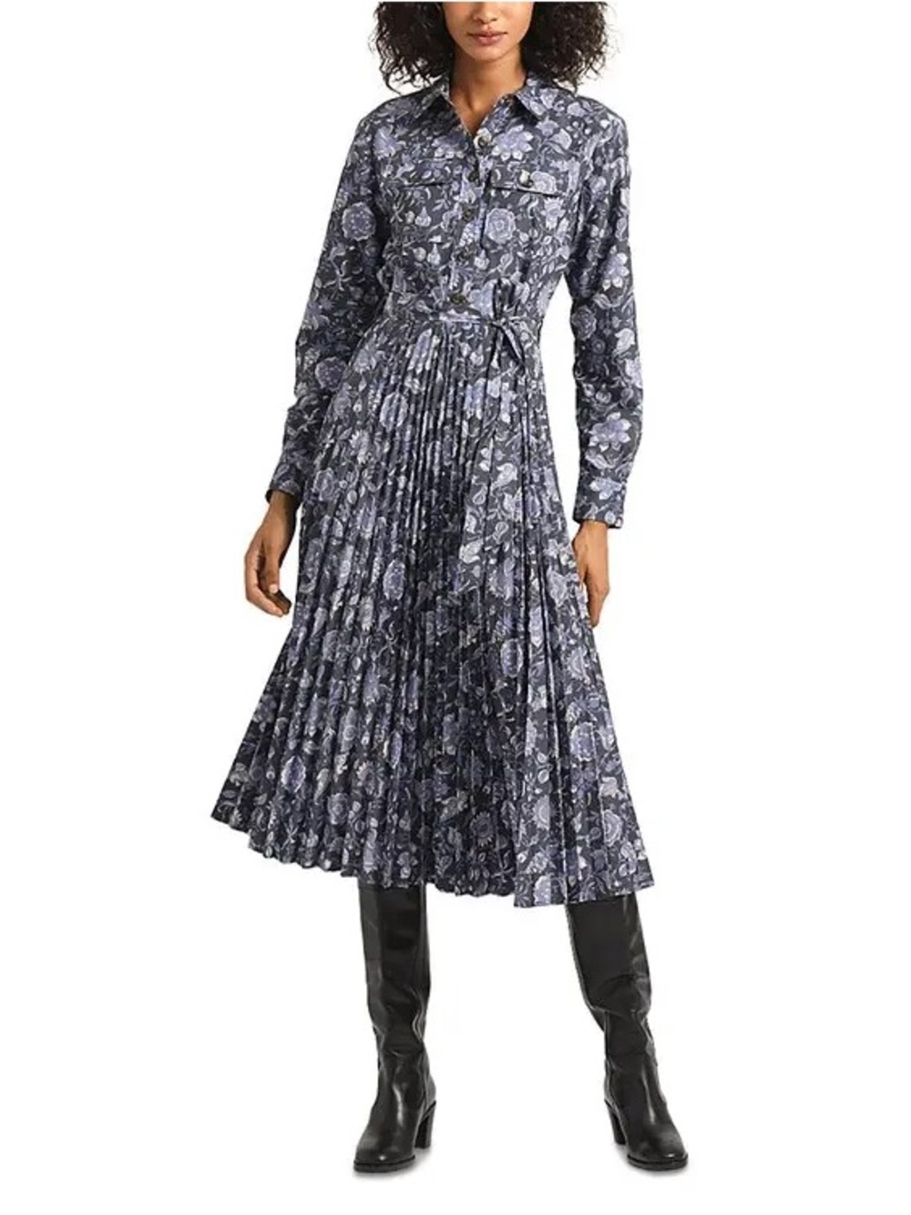 Derek Lam Floral Pleated Shirt Dress - Blue